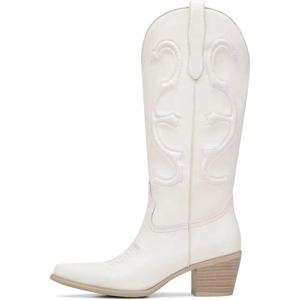 Women's White Mid Calf Cowgirl Pointed Toe Chunky Heel Fashion Cowboy Boots